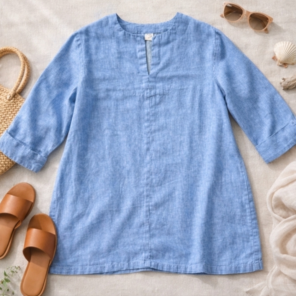 100% Linen Tunic XXL Blue | Oversized Linen Top ¾ Sleeve Split Neck | Minimalist